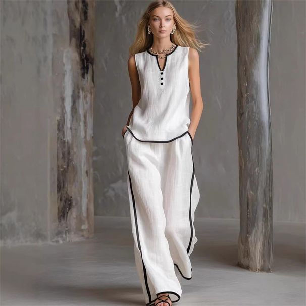 2027 Summer Fashion European-USA Style Women O-Neck Sleeveless T-Shirt + Elastic Waist Wide Leg Pants Two-Piece Casual Sets_ecoleips.com