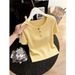 Spring/Summer Women's Knitted Short Sleeve T-Shirt V Neck Straight Shoulder Yellow Slimming Top For Youthful Stylish Look_ecoleips.com