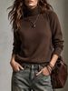 Dark Brown Turtleneck Pit Rib Knit Sweater, Loose Lightweight Breathable Soft Skin-touch Long Sleeve Pullover_ecoleips.com