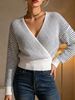 White Grey Stripe Cross Wrap Pit Rib Knit Sweater, Loose V Neck Lightweight Breathable Soft Skin-touch Long Sleeve Pullover_ecoleips.com