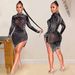 Women's Sexy Nightclub Mesh See-through Hot Diamond Bubble Beads Tassel Round Neck Long-sleeved Dress_ecoleips.com
