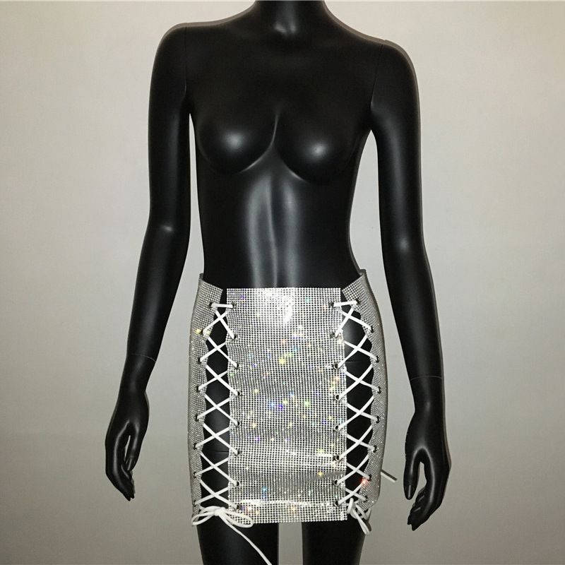 New Women's Full Diamond Lace-up Patchwork Sexy Nightclub Rhinestone Skirt For Women_ecoleips.com