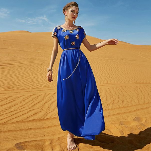 Ba7030 Sapphire Blue Wael Satin Hand-Sewn Glass Diamond Short-Sleeved Long Dress, A Retro Dress With A Noble Lady Style_ecoleips.com