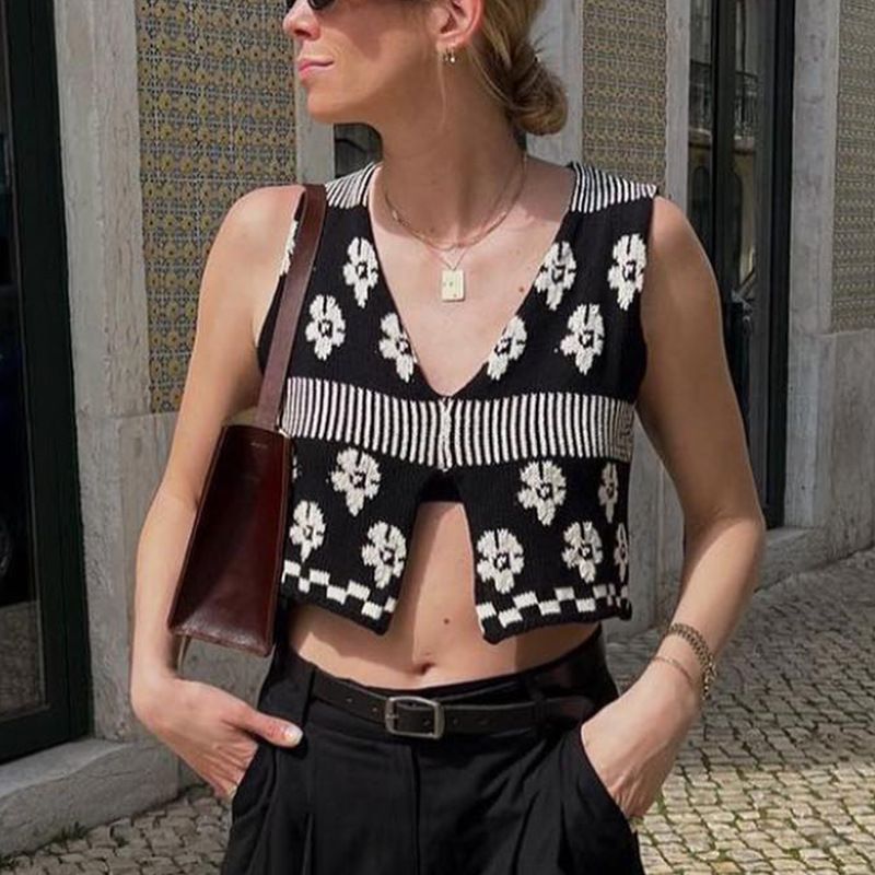 Black White Color Block Sleeveless Cropped Top Women's Jacquard European American Retro Y2K Cross Border Spring Summer_ecoleips.com