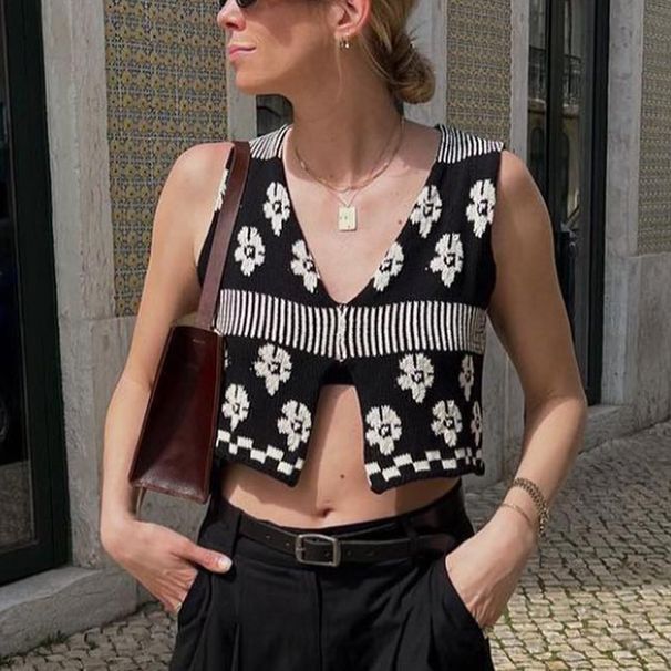 Black White Color Block Sleeveless Cropped Top Women's Jacquard European American Retro Y2K Cross Border Spring Summer_ecoleips.com