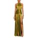 Women's Clothing Metallic Color Pleated Slit Lace Up Halter Neck Dress Sleeveless Backless_ecoleips.com