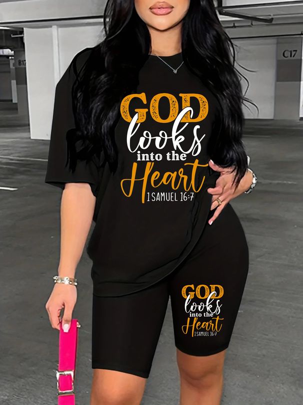 Summer Women's Casual And Fashionable GOD Letter Print Loose T-shirt+shorts Two-piece Sportswear Suitable For Daily Wear-103_ecoleips.com