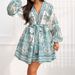 Women's Vintage Chinese Style Lantern Long Sleeve V-Neck Printed Short Dress_ecoleips.com