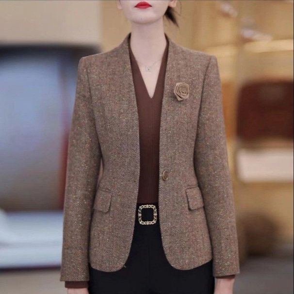 Live-streaming Collarless Blazer Women, New Autumn And Winter Vintage Style For Petite Ladies, Mother's Wear_ecoleips.com