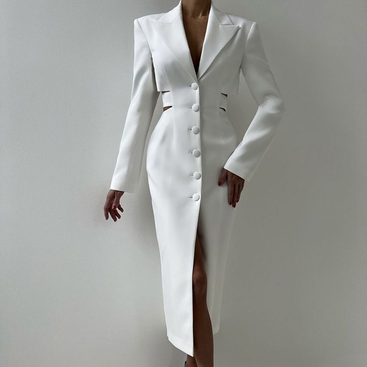 Women’s Clothing New Hollow Waist Design High End Suit Dress Temperament Commuting Single Breasted Long Sleeved Hip Skirt_ecoleips.com