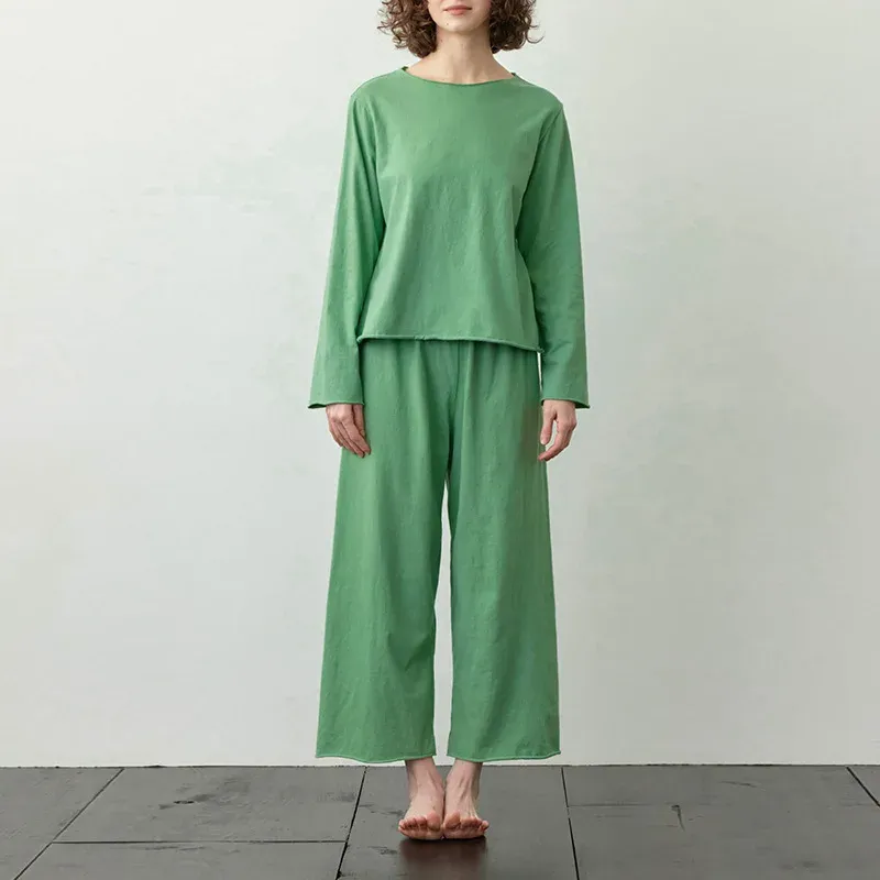 100% Cotton Women's Pajamas Two-Piece Sets Spring New Korean Casual Homewear Ladies Long-Sleeved Top + Elastic Waist Pants Suit_ecoleips.com