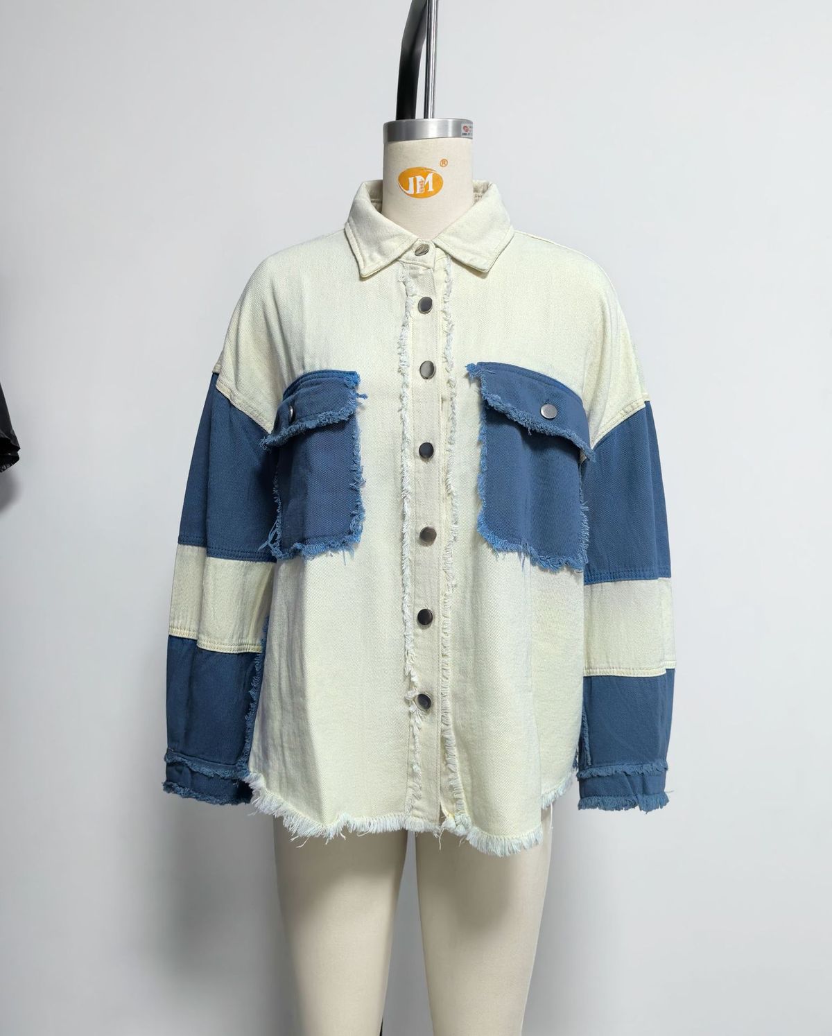 K New Retro Color Blocked Denim Jacket With Lapel And Casual Distressed Edge For Women_ecoleips.com