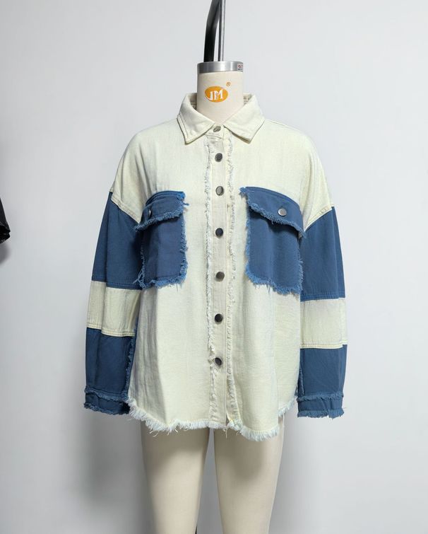 K New Retro Color Blocked Denim Jacket With Lapel And Casual Distressed Edge For Women_ecoleips.com