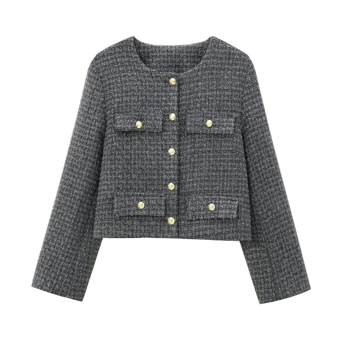 Women's Round-Neck Long-Sleeve Tweed Jacket – Classic Elegance For Casual & Formal Occasions (Gray/Red/Black/White, Sizes S-L)_ecoleips.com