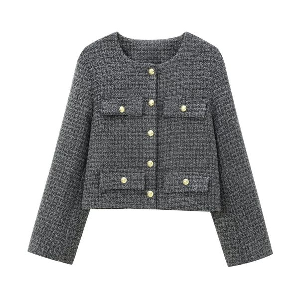 Women's Round-Neck Long-Sleeve Tweed Jacket – Classic Elegance For Casual & Formal Occasions (Gray/Red/Black/White, Sizes S-L)_ecoleips.com