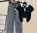 Women's Clothing Reducing Belly Covering Short Sleeved T Shirt For Women With High Waisted Denim Wide Leg Pants Two Piece Suit Ins_ecoleips.com
