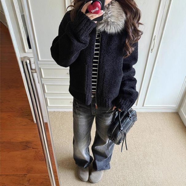 Aria Basics Winter 2025 New Thickened Warm Casual Loose Black Furry Coat With Large Fur Collar And Lamb Wool For Women_ecoleips.com