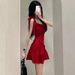 New Lotus Leaf Elegant Hot Girl Red Strap Petite Summer Pure Desire Style Waist Slimming Short Dress For Women_ecoleips.com