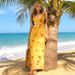 Women's French V Neck Yellow Floral Print Halter Belted Flowy Maxi Dress – Slimming Sweet Summer Gown_ecoleips.com