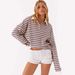 Women's Oversized Stripe Polo Collar Sweatshirt | Casual Long Sleeve Button Front Top For Streetwear, Lounge_ecoleips.com