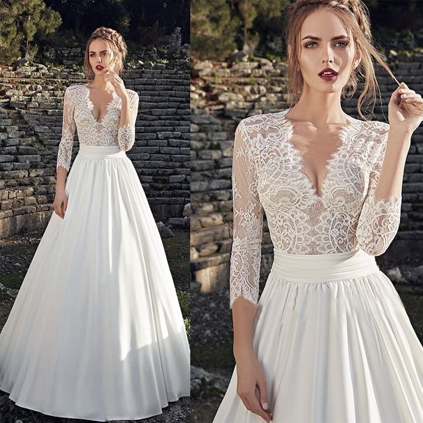 Women's Clothing High Collar Deep V Long Sleeve Lace Slim Fashion Bride Style Floor Length Wedding Dress_ecoleips.com