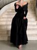 Fashion Beaded Hight Waist Solid Gowns Women's Casual Flowers Floor Length Dress Elegant Off Shoulder Long Sleeve Banquet Dress_ecoleips.com