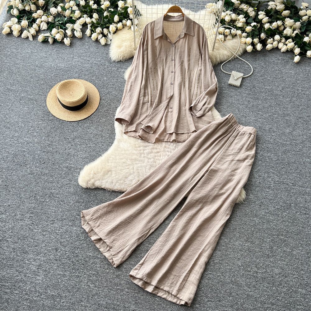 Women’s Oversized Blouse & Wide-Leg Pants Set – Autumn Casual Linen Two-Piece Outfit (6 Colors, One Size)_ecoleips.com