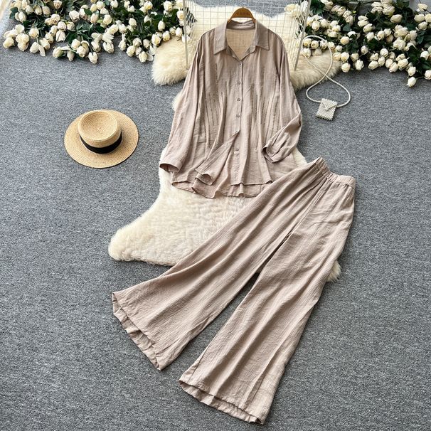 Women’s Oversized Blouse & Wide-Leg Pants Set – Autumn Casual Linen Two-Piece Outfit (6 Colors, One Size)_ecoleips.com
