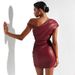 Women's Clothing Leather Clothes Stitching Oblique Collar Faux Leather Paneled Asymmetric Neckline Twist Knot Shirred Bodycon Dress - Camel & Red_ecoleips.com