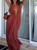 Simple Solid Color Lace Up Waist Women's Jumpsuit Casual Pleated Design Beach Rompers Summer Deep V Sleeveless Loose Playsuit_ecoleips.com