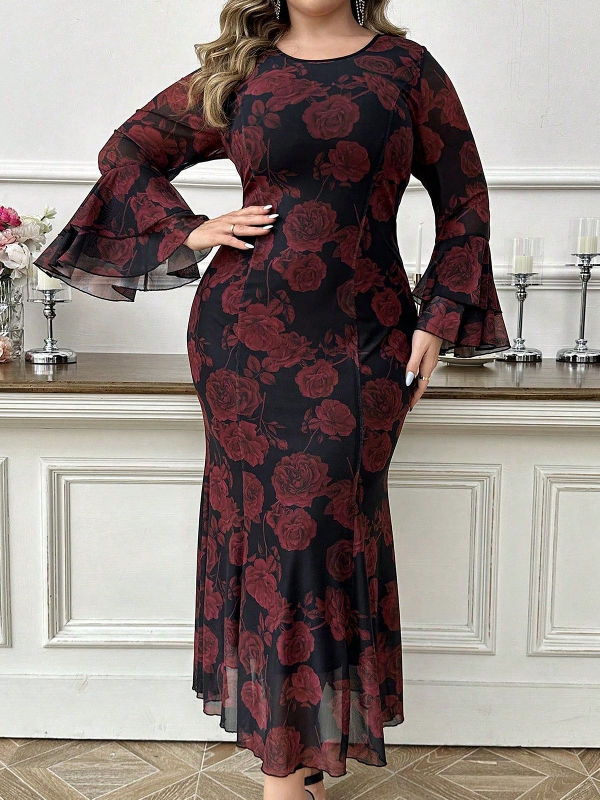 Elegant Plus Size Mermaid Maxi Dress Floral Print Evening Gown With Trumpet Sleeves And Feminine Silhouette_ecoleips.com