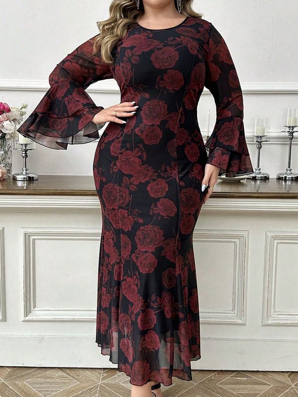 Elegant Plus Size Mermaid Maxi Dress Floral Print Evening Gown With Trumpet Sleeves And Feminine Silhouette_ecoleips.com