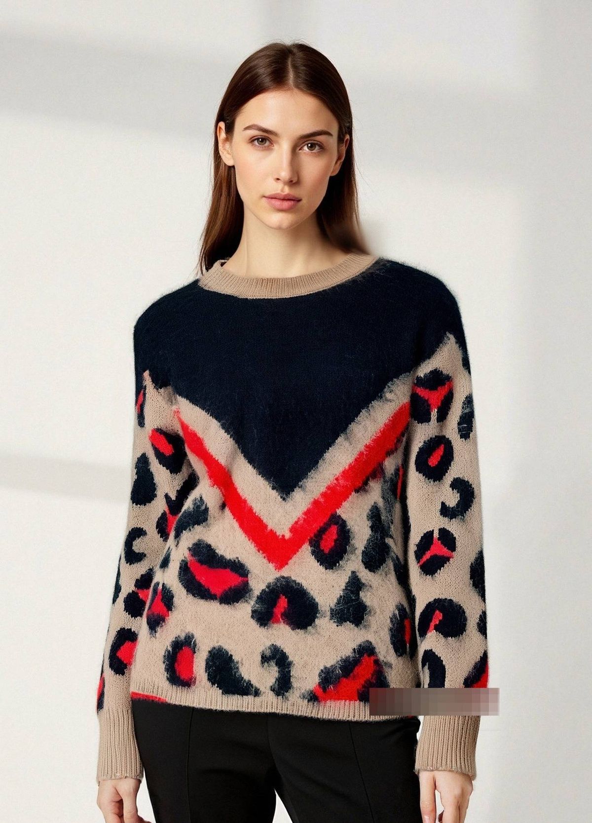 Women's Leopard Print Knit Sweater – Soft Plush Pullover With Round Neck (Black/Dark Gray/Khaki)_ecoleips.com