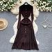 Vintage French-Inspired Polo Collar Dress – Long Sleeve Hook Knit With Metal Buttons & Waist-Defining Fit_ecoleips.com