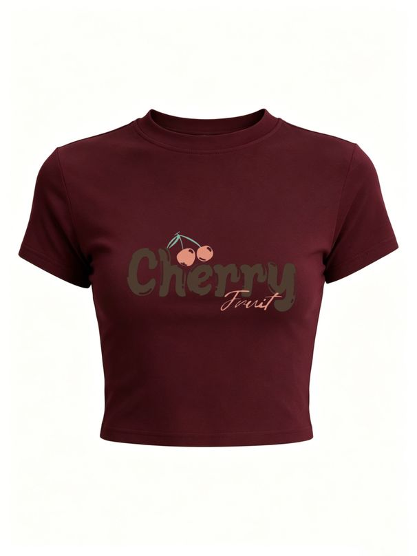 Women Y2K Cherry Fruit Letter Print Crop Top Slim Crew Neck Short Sleeve Vintage Cute Casual Summer Streetwear T-Shirt_ecoleips.com