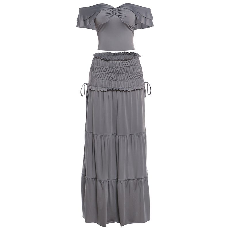 Summer Style Women's Sexy Off-Shoulder Strapless Top And Solid Color Slim Fit Pleated Skirt Set_ecoleips.com