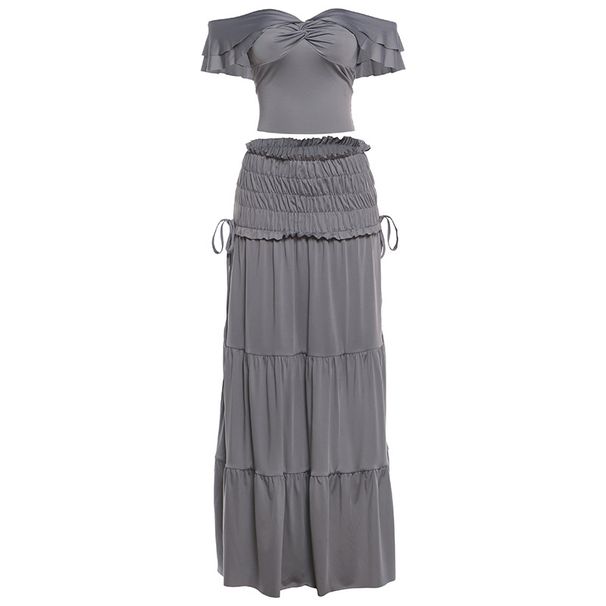 Summer Style Women's Sexy Off-Shoulder Strapless Top And Solid Color Slim Fit Pleated Skirt Set_ecoleips.com