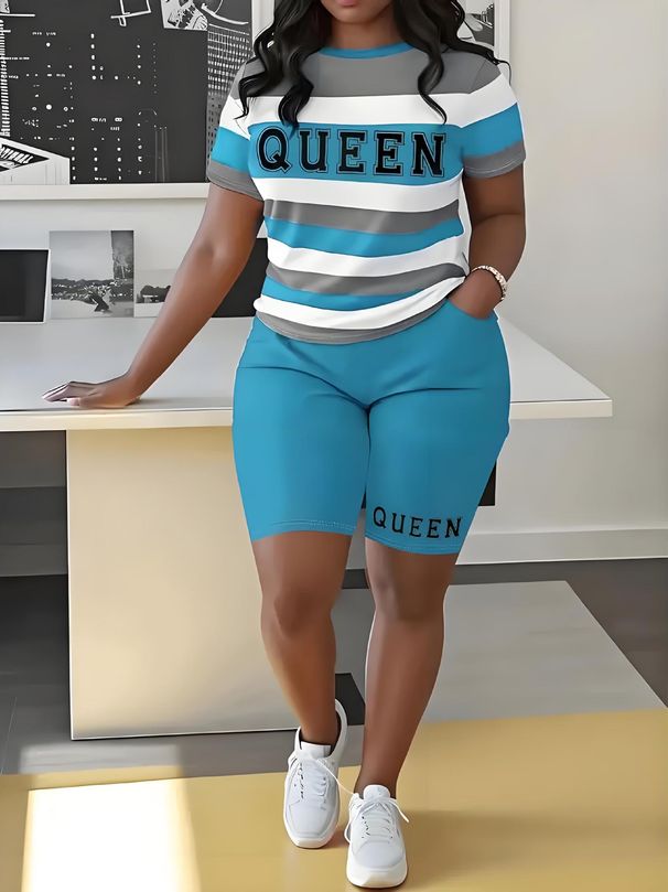 Plus Size Women's Clothing Striped T-Shirt Set Pullover Short Sleeve Letter 3D Printed Shorts_ecoleips.com
