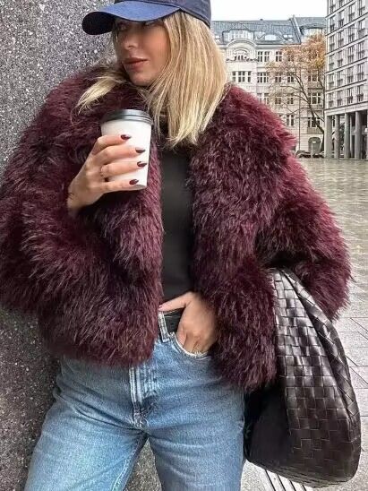 Luxury Faux Fur Coat – Wine Red Short Jacket, Oversized Fit, High-End Velvet-Like Texture, XS-L, Fashionable Streetwear Essential_ecoleips.com