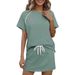 Women's 2 Piece Side Stripe Drawstring Short Sleeve Crew Neck Sweatshirt And Skirt Set – Casual Sporty Outfit_ecoleips.com