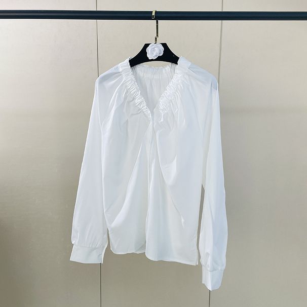 Women's French Style V Neck Pleated White Shirt Loose Slimming Versatile Gentle Design for Commuting_ecoleips.com