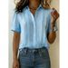 Women's Linen Blend Short Sleeve Shirt, Casual Button Down Shirt With Folded Collar And Relaxed Fit For Summer, Breathable Office Commuter Blouse_ecoleips.com