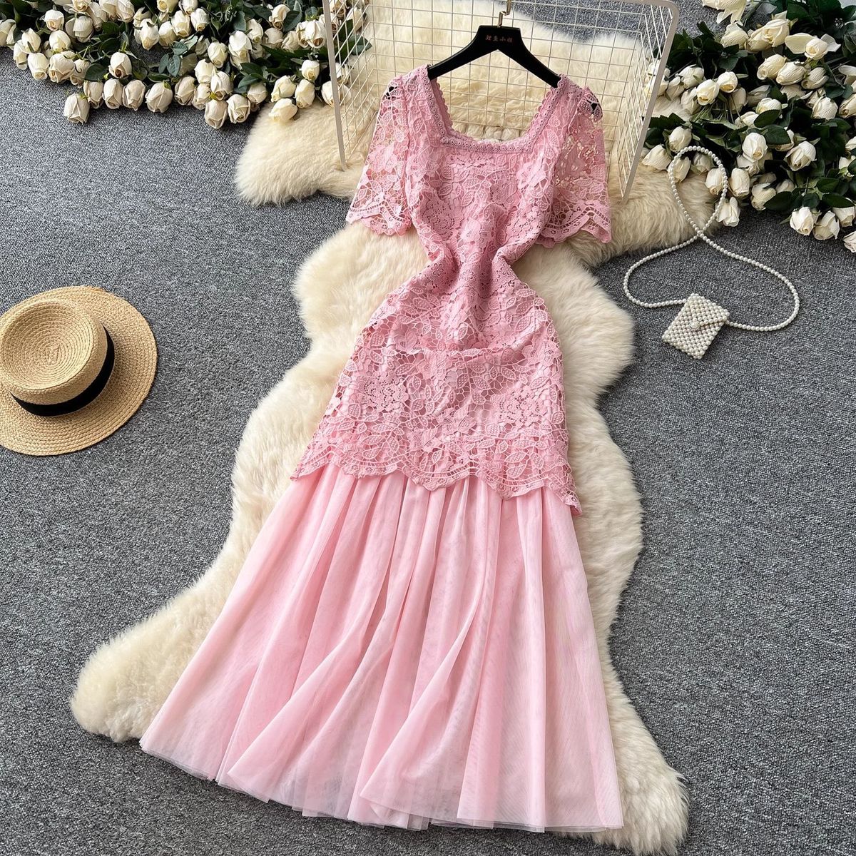Women's French Romantic Long Dress Square Neck Summer Style Mesh Embroidery Patchwork Design Sophisticated And Elegant_ecoleips.com