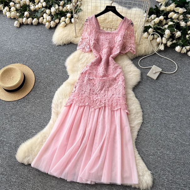 Women's French Romantic Long Dress Square Neck Summer Style Mesh Embroidery Patchwork Design Sophisticated And Elegant_ecoleips.com