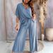 Women's V-Neck Batwing Sleeve Loungewear Set With Wide-Leg Pants & Belt – Comfortable & Stylish Casual Outfit_ecoleips.com