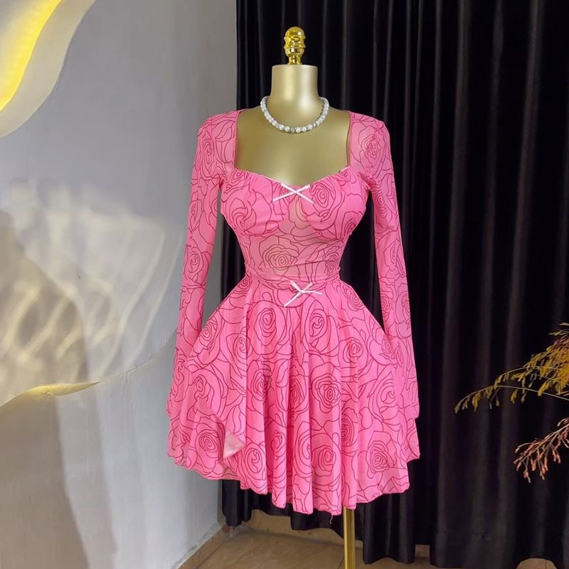 Women's Elegant Sweet Square Neck Bow Long Sleeve Dress American Style Cross Border Summer New 2026 Irregular_ecoleips.com