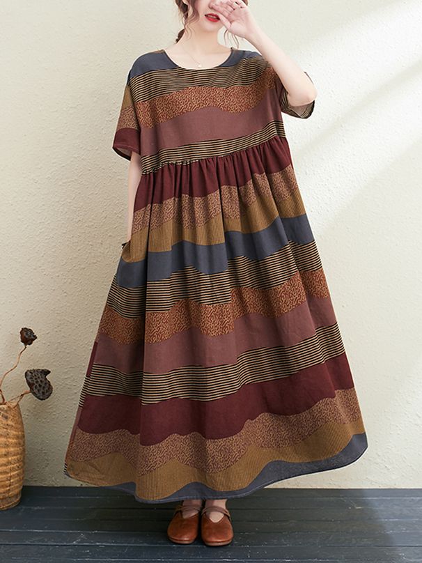 2026 New Summer Cotton Linen Short Sleeve Vintage Striped Print Dresses For Women Long Fashion Dress Elegant Vestidos Robe Femme_ecoleips.com