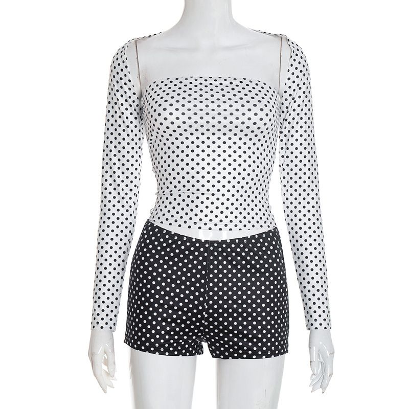 Women's Sexy Contrast Color 3-Piece Outfit Long Sleeve Draped Cape Polka Dot Shorts Set Retro Streetwear Black White XS XL_ecoleips.com