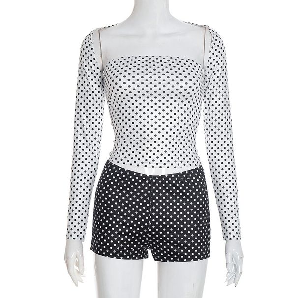Women's Sexy Contrast Color 3-Piece Outfit Long Sleeve Draped Cape Polka Dot Shorts Set Retro Streetwear Black White XS XL_ecoleips.com