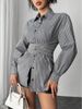 Women's Slimming Long Sleeved Shirt Autumn Striped Fashion Irregular Waist Belt Versatile Clothing Top_ecoleips.com